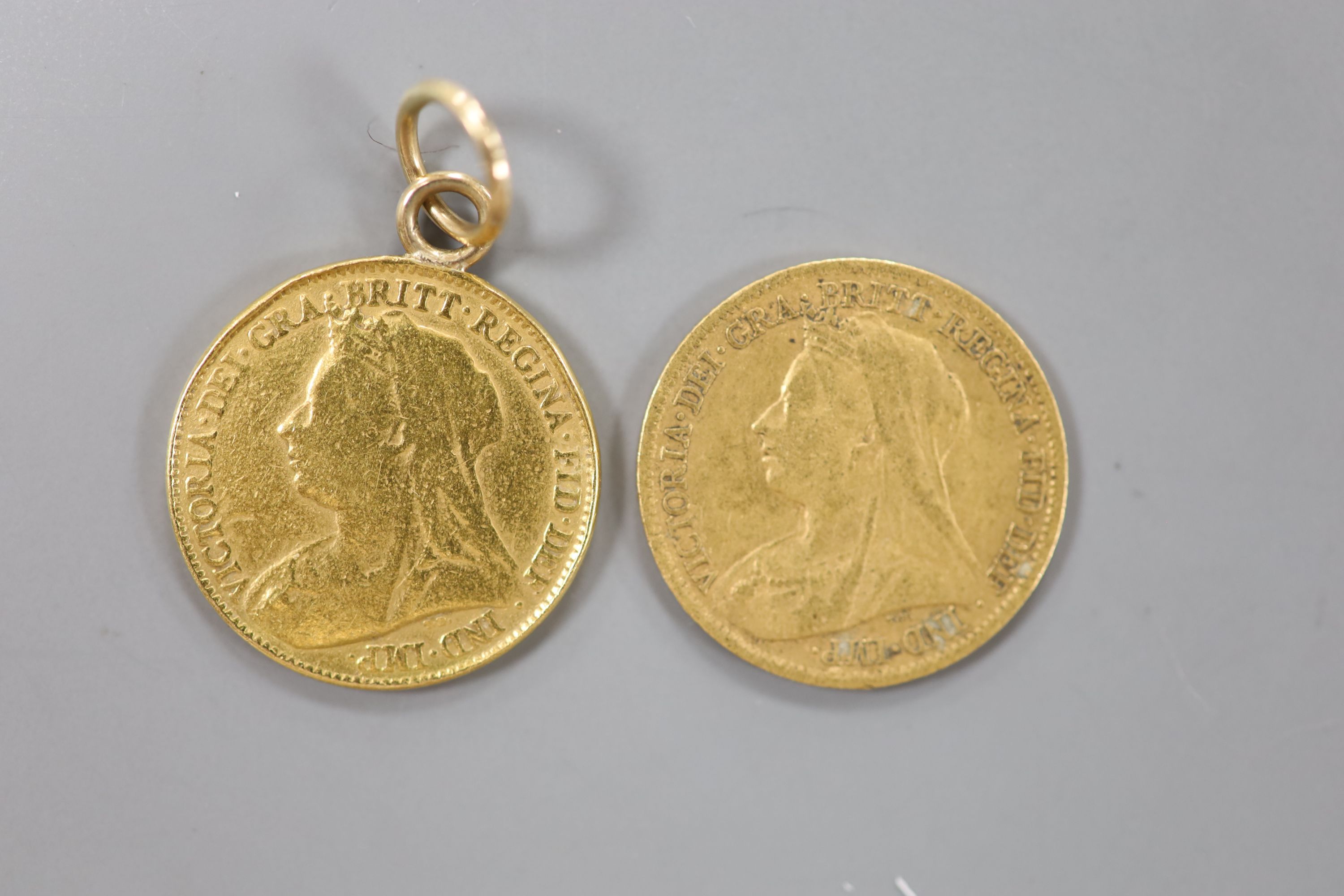 Two half sovereigns, 1896 (ring suspension) and 1900